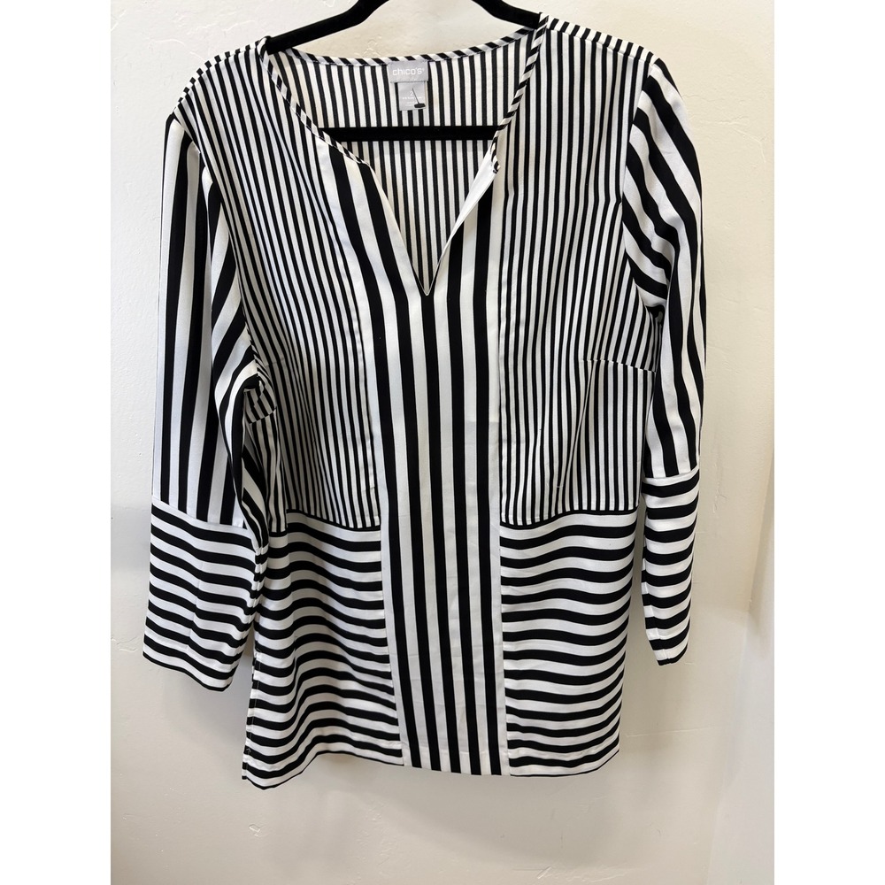 Chico's No Iron Striped Tunic Top Black White V-Neck Long Sleeve Size 2 L XL